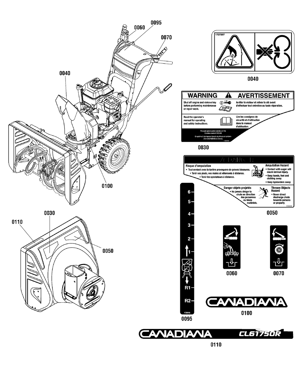 Decals Group Diagram and Parts List for 1696226-00-CL61750R  Briggs and Stratton Snow Blower